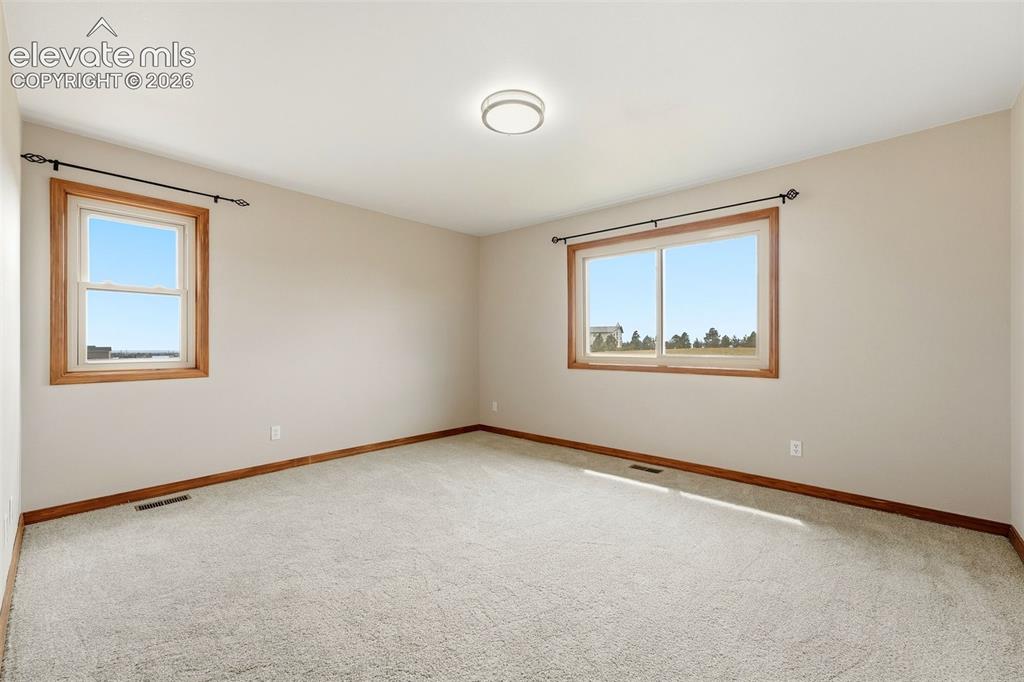 Image 19 of 50: Light-colored carpeting, two windows with wood-finish trim, and a ceiling-m