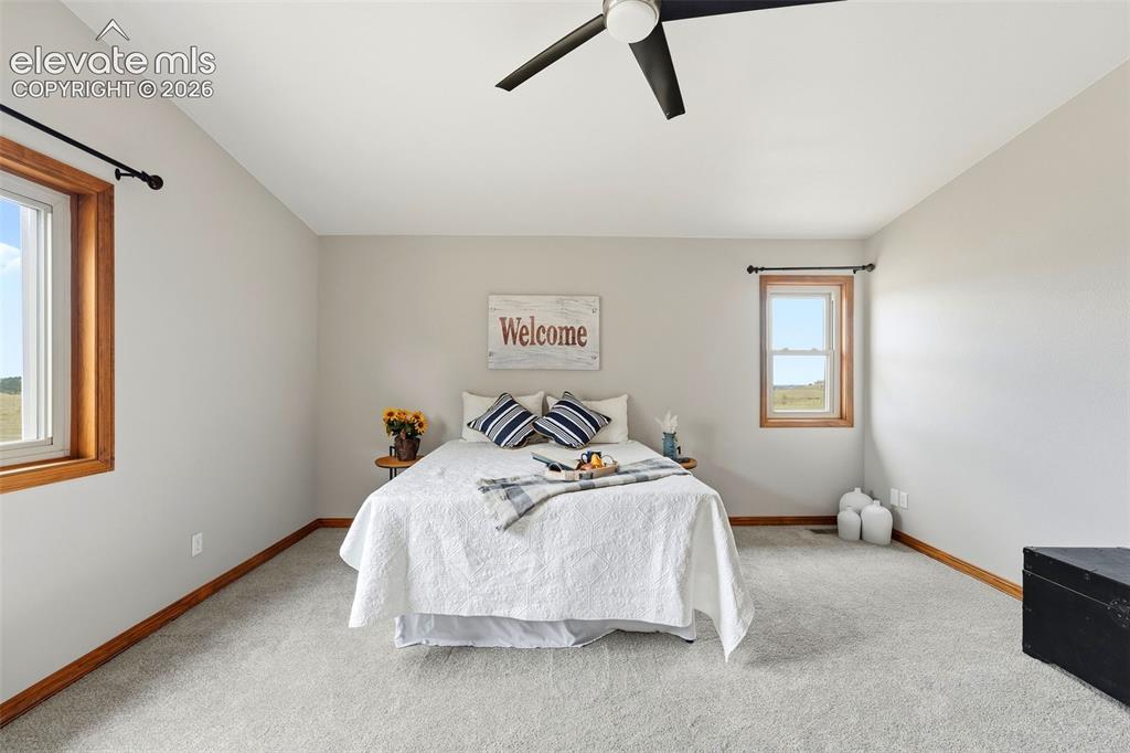 Image 23 of 50: Vaulted ceiling, two windows with wood-trim, light gray carpet, and a ceili