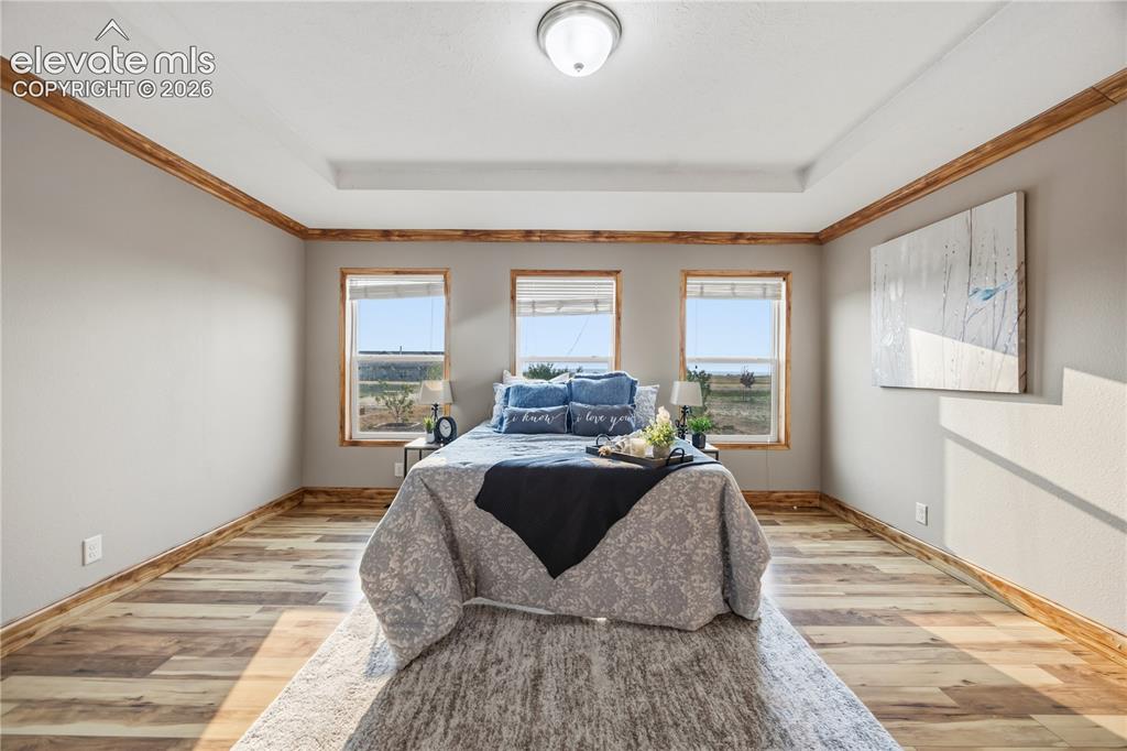 Image 17 of 49: Primary bedroom has three large window.