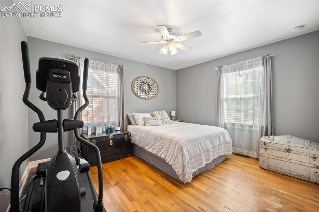 Image 13 of 47: Bedroom with multiple windows, light wood-style flooring, and a ceiling fan
