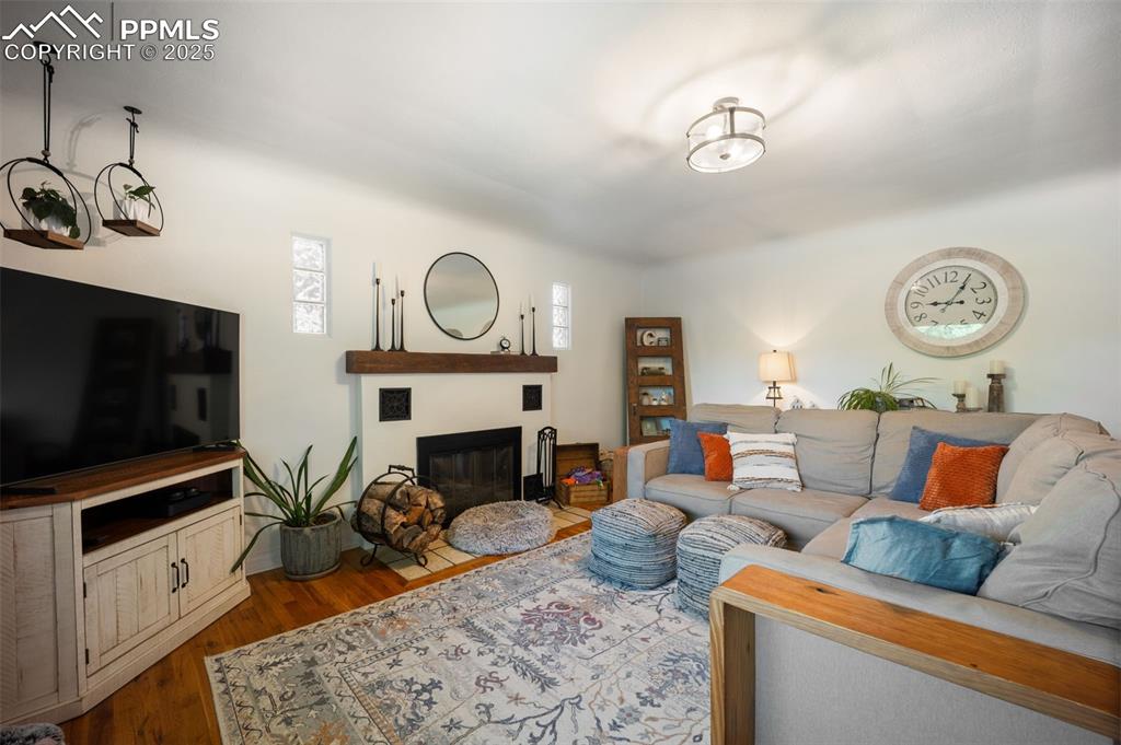 Image 5 of 47: Living room with a glass covered fireplace, dark wood-type flooring, and he
