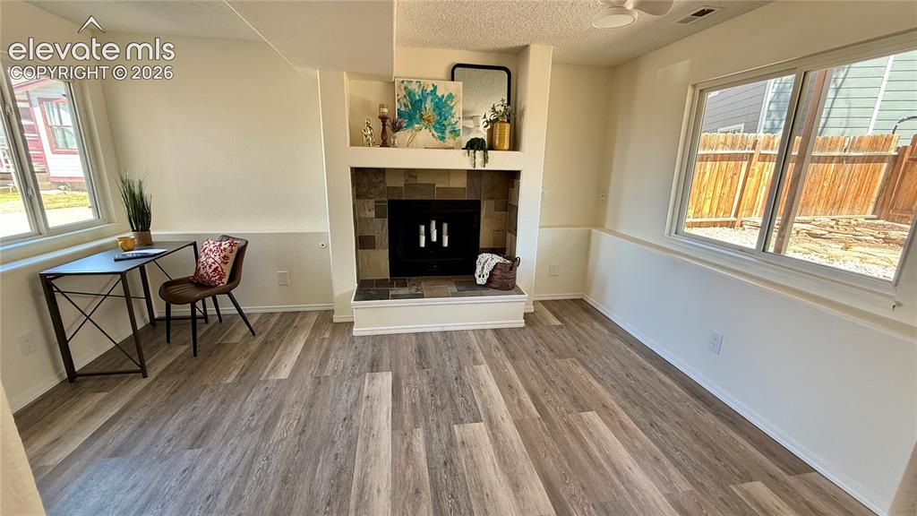 Image 17 of 22: wood burning fireplace with gas line conversion avail