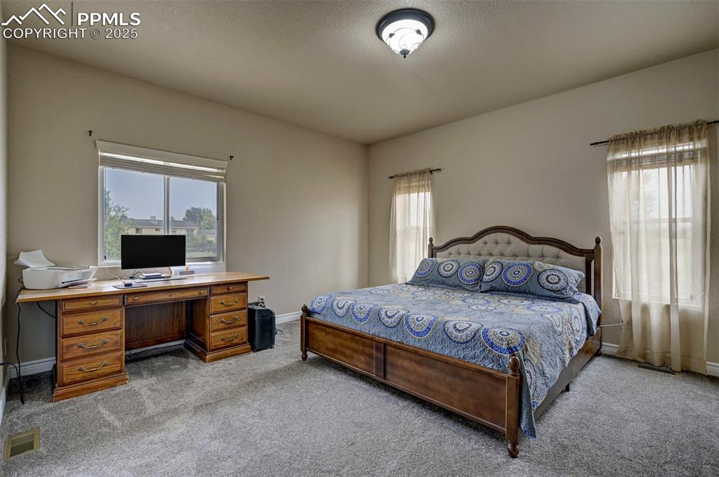 Image 22 of 47: Bedroom with multiple windows, light carpet, and an office area