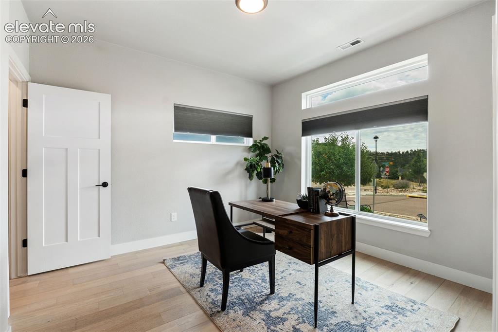 Image 15 of 43: Light wood-finish flooring, white panel door with black hardware, large win