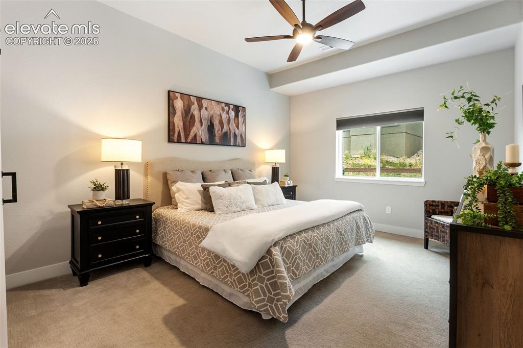 Image 25 of 43: Recessed ceiling and a modern ceiling fan with integrated lighting