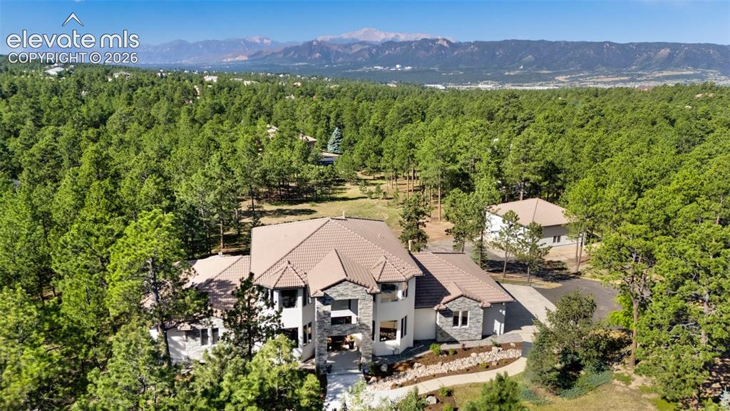 Image 1 of 49: Situated on 2.5+ Acres surrounded by mature pines and unobstructed Pikes Pe