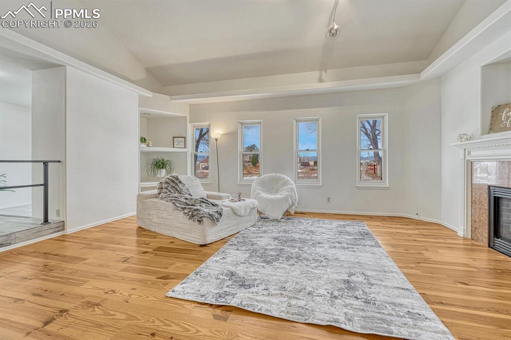 Image 5 of 42: Living room with built-ins and gas fireplace