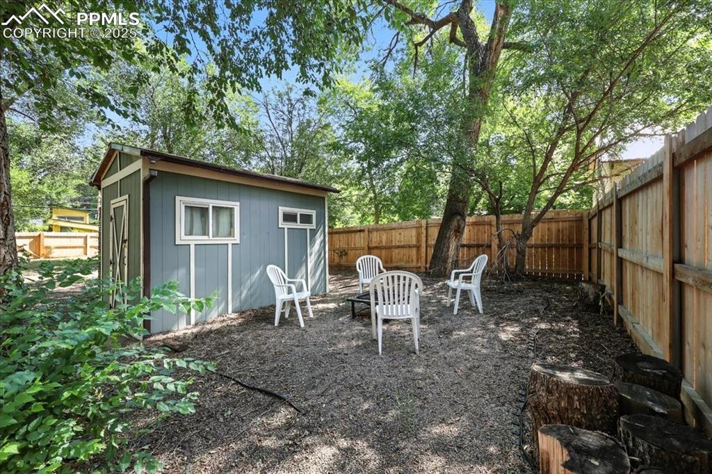 Image 29 of 36: View of outdoor structure featuring a fenced backyard