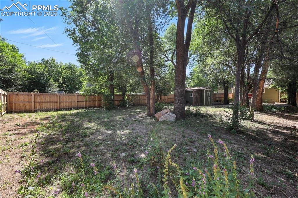Image 30 of 36: Fenced backyard with a shed
