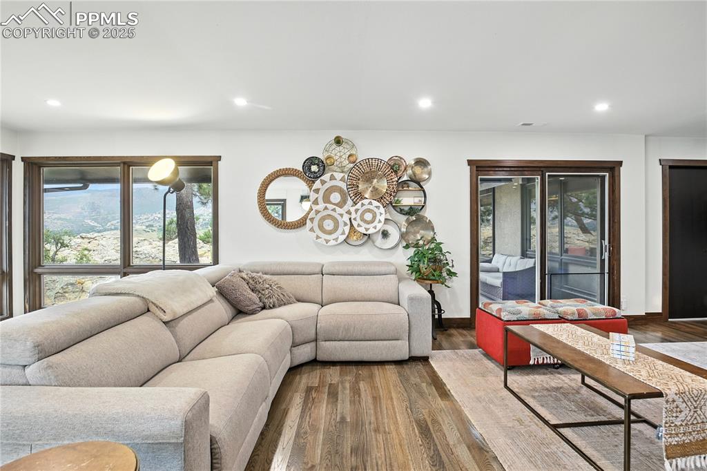 Image 21 of 50: Living room with plenty of natural light, recessed lighting, and wood finis