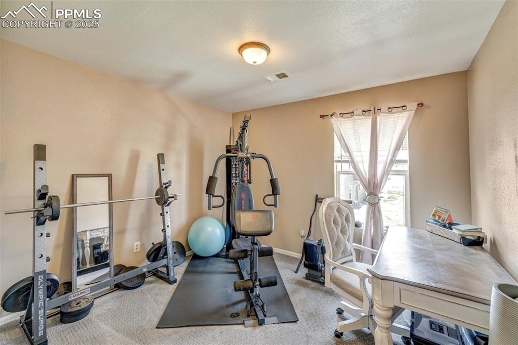 Image 17 of 23: Workout room with baseboards, visible vents, and carpet floors