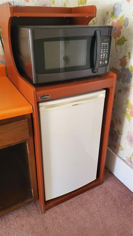 Image 20 of 36: Detailed view of wallpapered walls, stainless steel microwave, carpet, dish