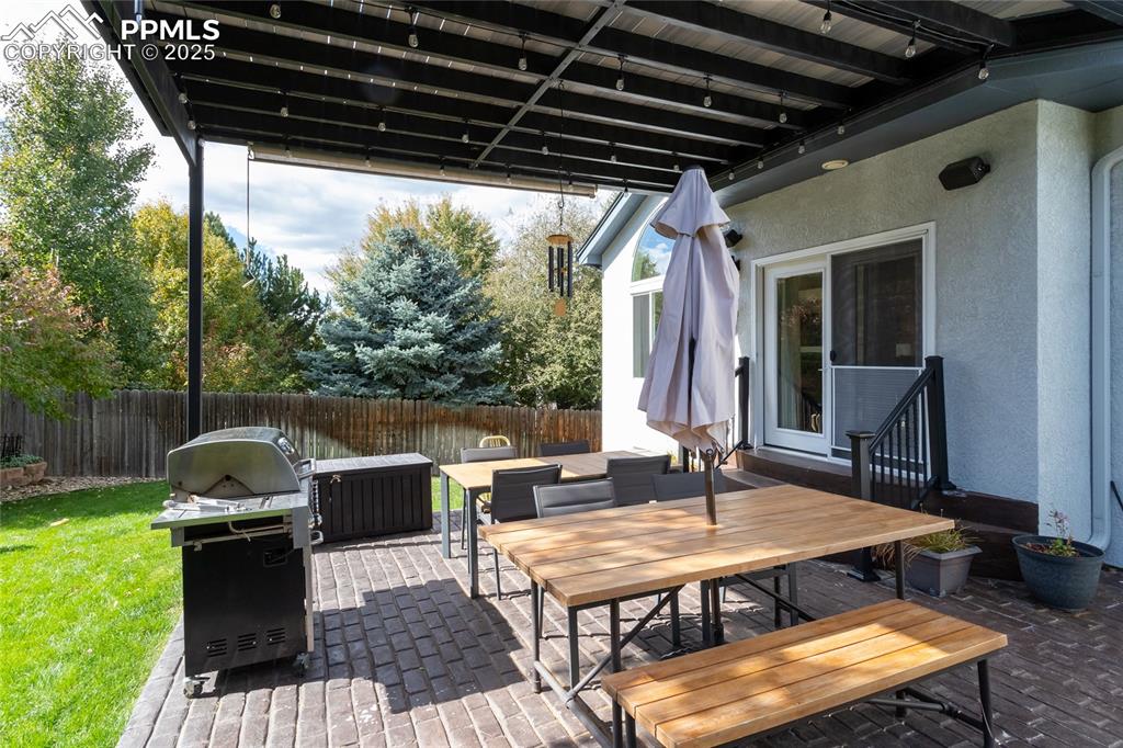 Image 42 of 47: Fenced backyard featuring outdoor dining area, a patio, and area for grilli