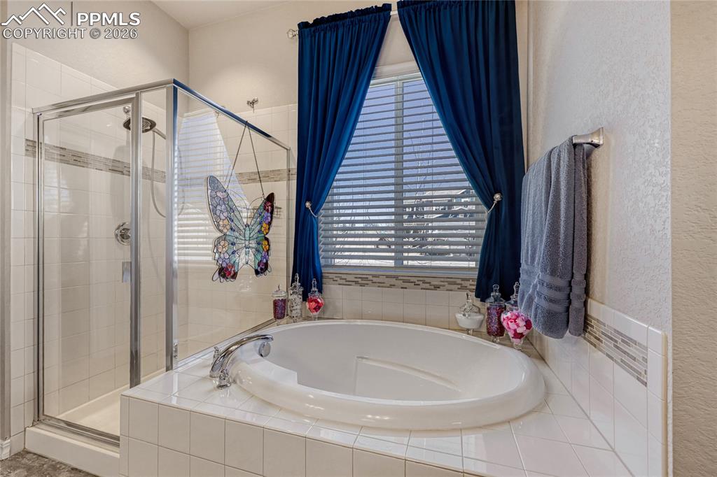 Image 21 of 30: Maseter Ensuite with a garden tub, a stall shower, plenty of natural light,
