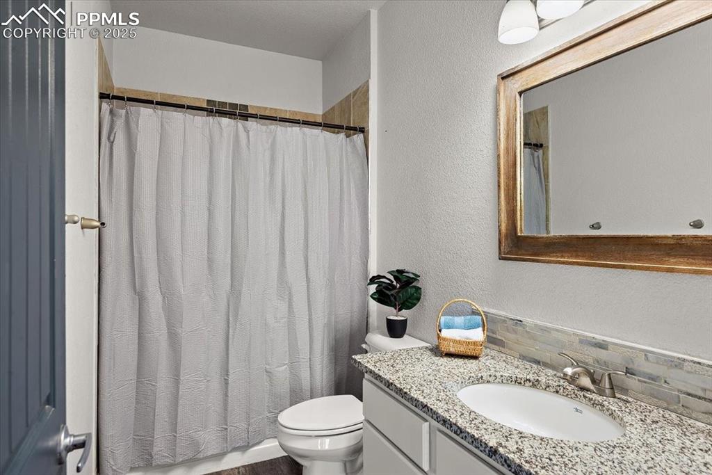 Image 19 of 33: Bathroom with toilet, a textured wall, and vanity