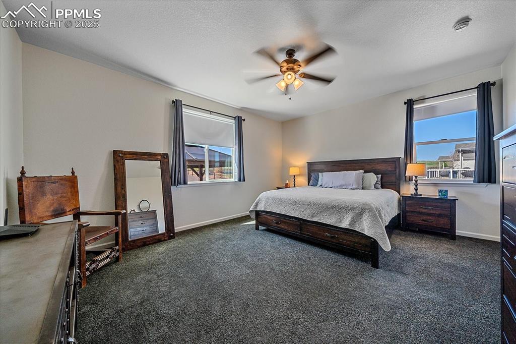 Image 14 of 35: Bedroom with dark colored carpet, baseboards, ceiling fan, and a textured c
