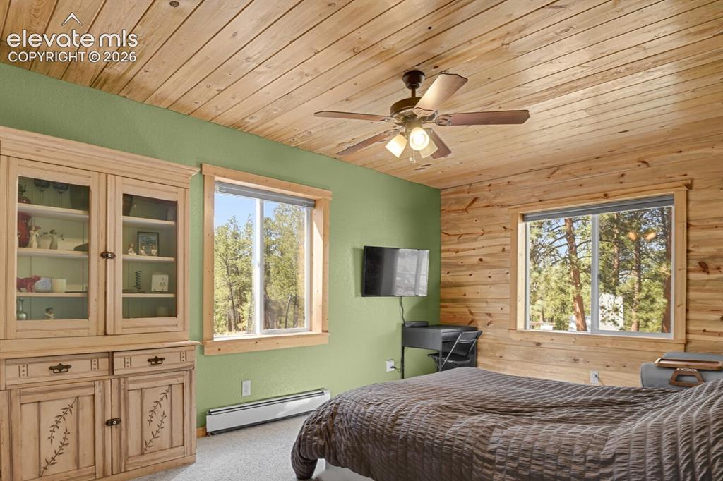 Image 16 of 46: Primary Bedroom featuring beetle kill tongue and groove on ceiling and one