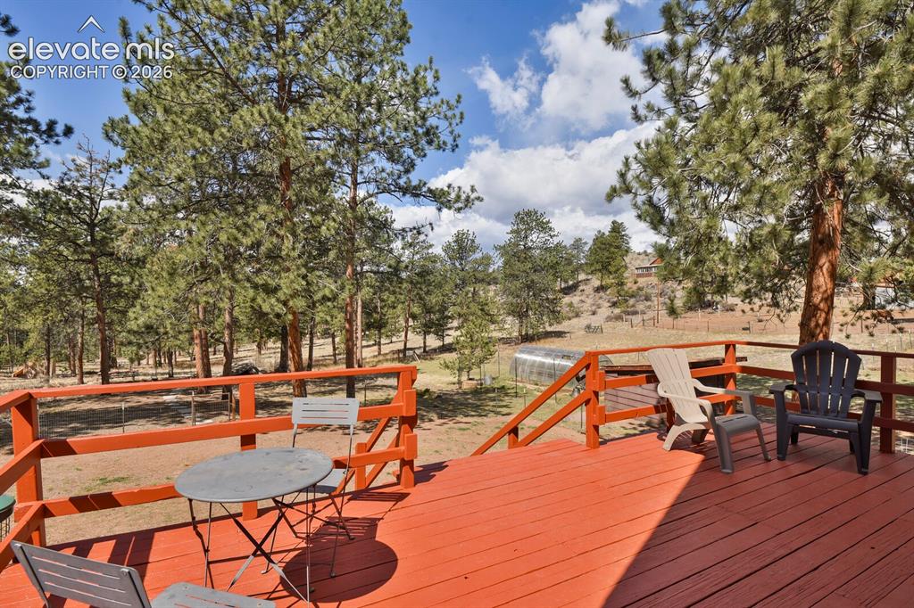 Image 7 of 46: Freshly painted back deck overlooking fenced area for dogs, kids, and play