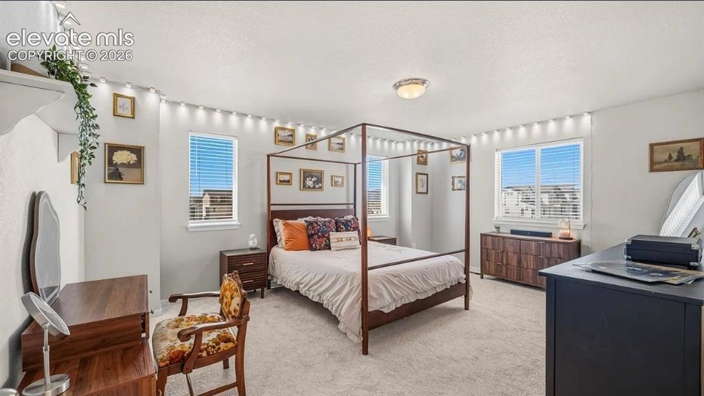 Image 17 of 22: Spacious primary bedroom suite featuring a four-poster bed frame, wood-fini