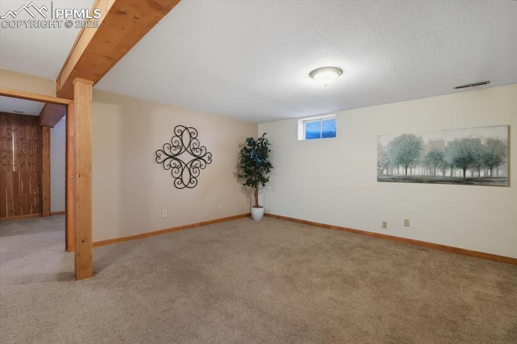 Image 14 of 30: Below grade area featuring carpet flooring and a textured ceiling