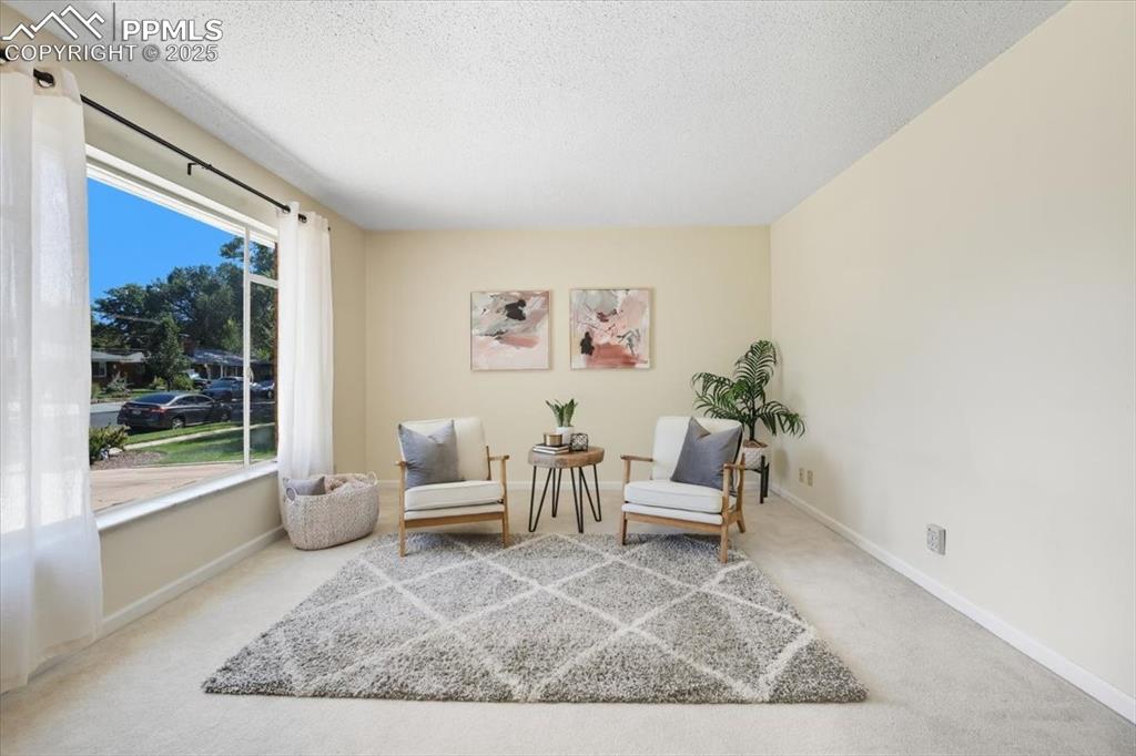 Image 3 of 30: Living area with carpet flooring and a textured ceiling