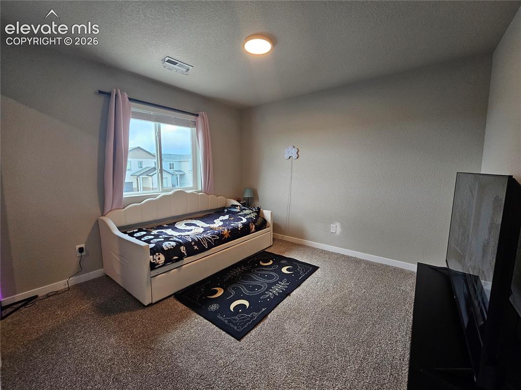 Image 19 of 35: Carpeted flooring, neutral wall tones, and a window with a curtain rod