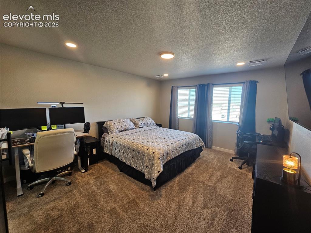 Image 26 of 35: Wall-to-wall carpeting with recessed lighting, two windows with blinds and