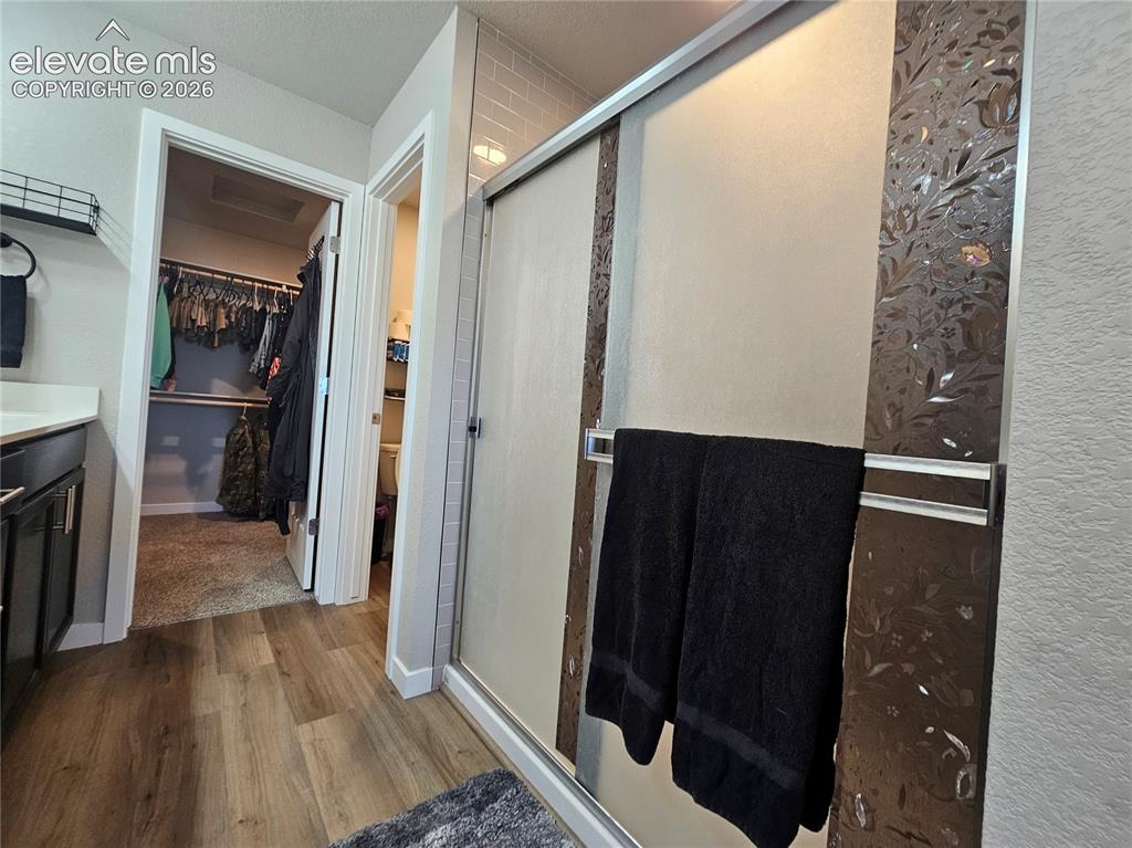 Image 29 of 35: Frosted glass shower enclosure with decorative panels, wood-finish flooring