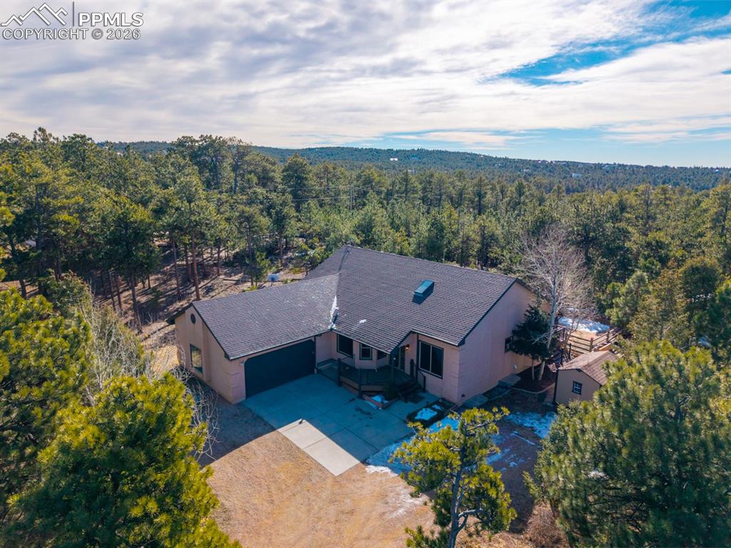 Image 2 of 50: Showing beautiful pines surround the home