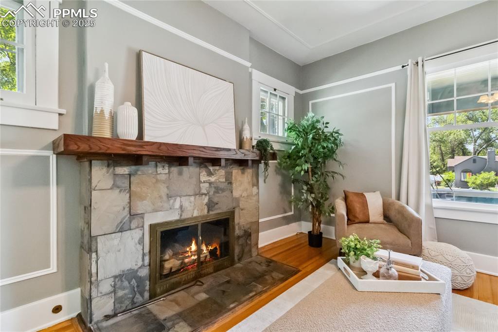 Image 4 of 49: Custom stone fireplace