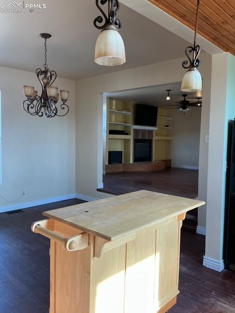 Image 21 of 36: Kitchen featuring a fireplace with raised hearth, dark wood-type flooring,