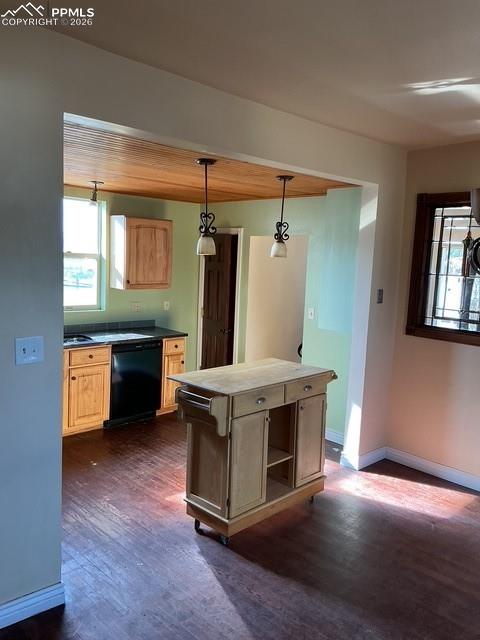 Image 22 of 36: Kitchen with plenty of natural light, light wood finish cabinetry, dark woo