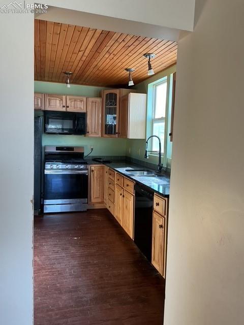 Image 24 of 36: Kitchen with black appliances, dark wood-style floors, dark countertops, gl