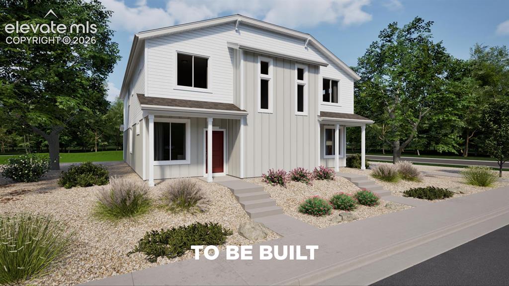Caption: Modern two-story residence featuring a clean-lined architectural design with vertical siding, gabled
