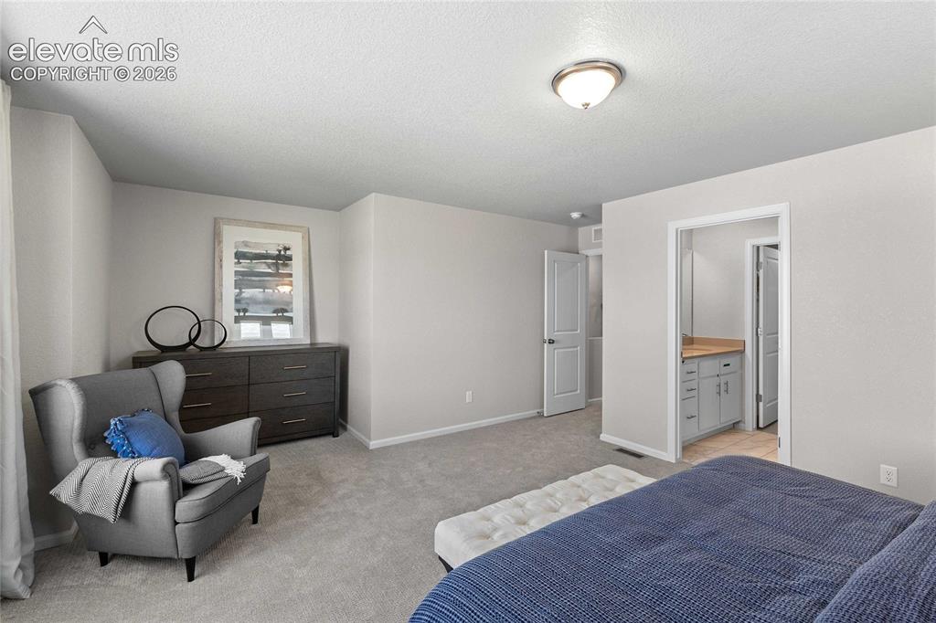 Image 17 of 25: Spacious primary bedroom suite with neutral wall finishes, plush carpeting,