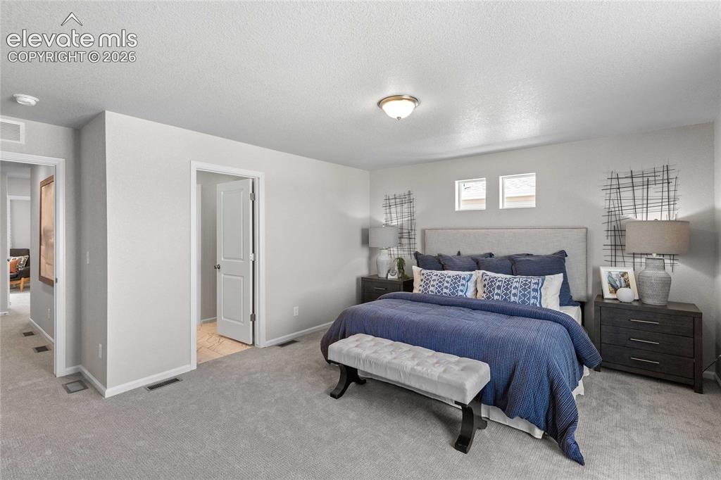 Image 18 of 25: Spacious primary bedroom with gray carpeting, neutral walls, and abundant n
