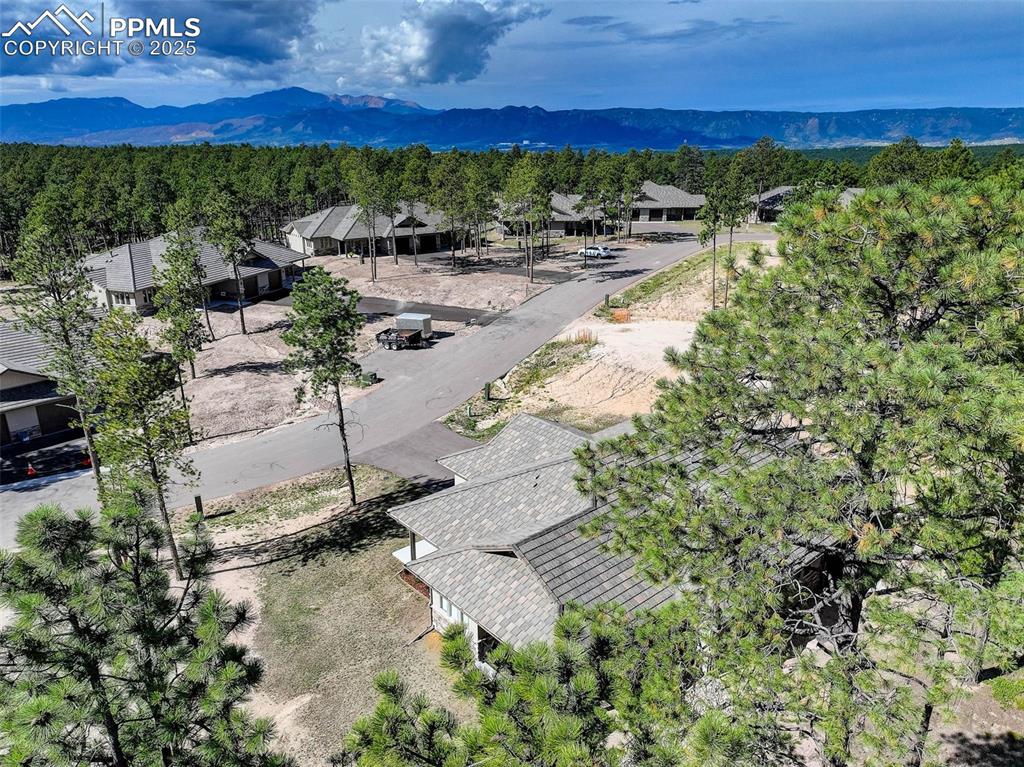 Image 32 of 32: Aerial view of residential area featuring mountains and a heavily wooded ar