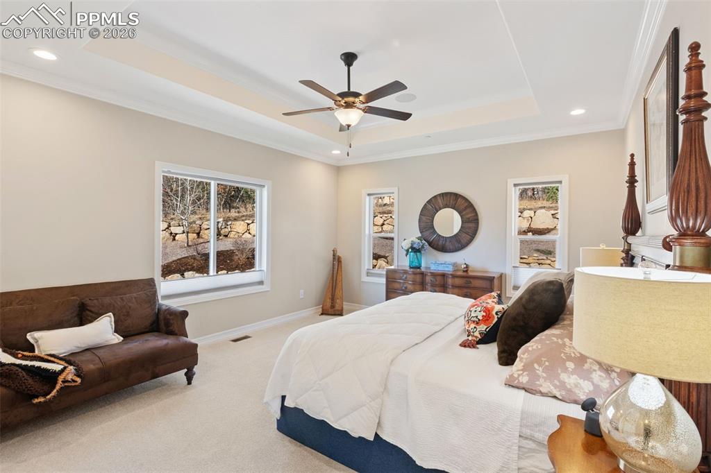 Image 16 of 49: The primary suite is a true private retreat featuring an elegant tray ceili