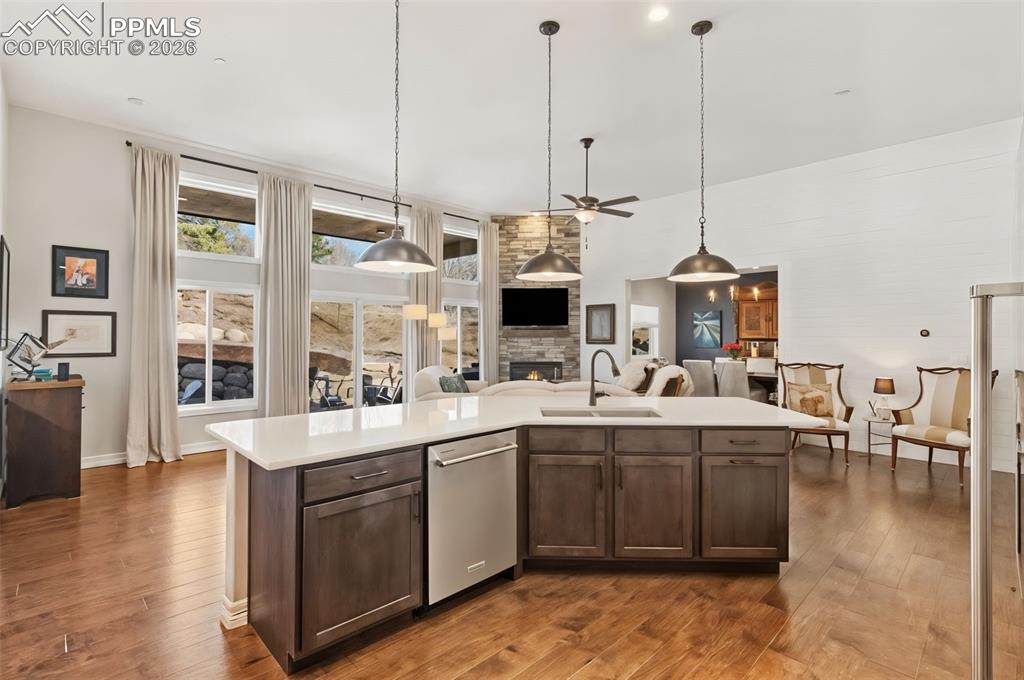 Image 8 of 49: From the vantage point of the kitchen sink, there’s a view of the entire gr