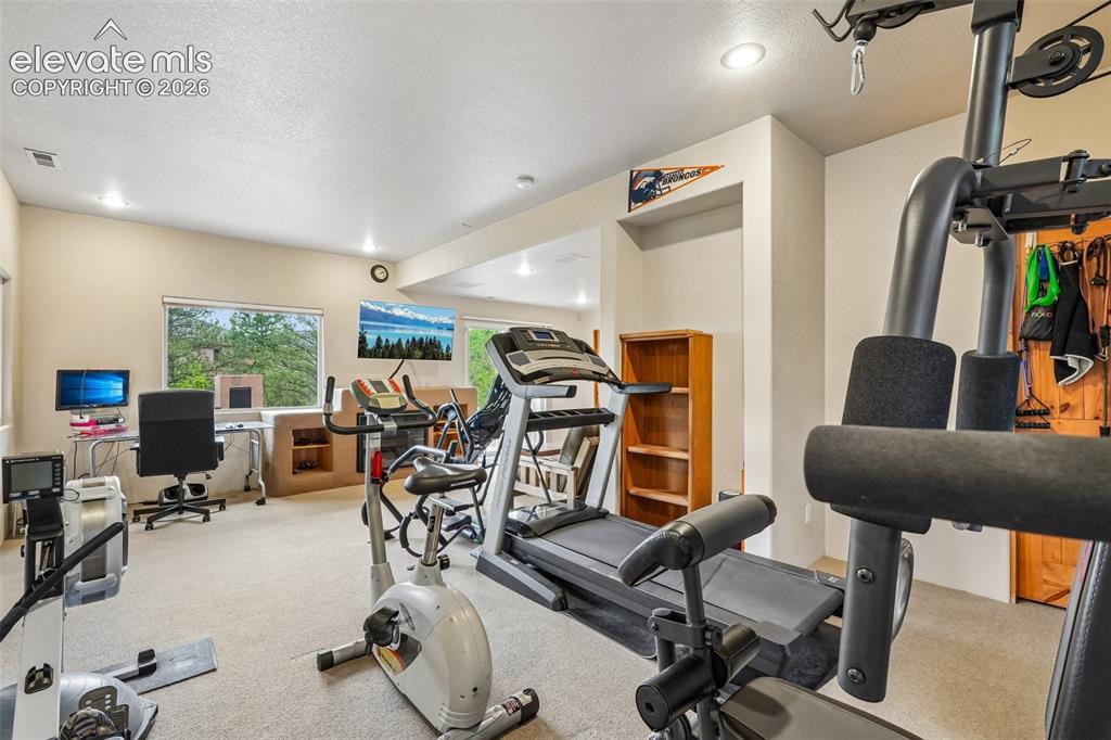 Image 40 of 50: Family room on lower level with a built in entertainment center, fireplace
