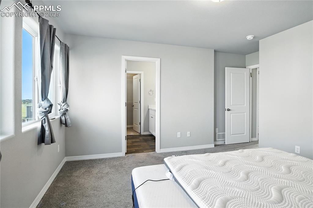 Image 20 of 28: Bedroom with carpet floors and ensuite bathroom