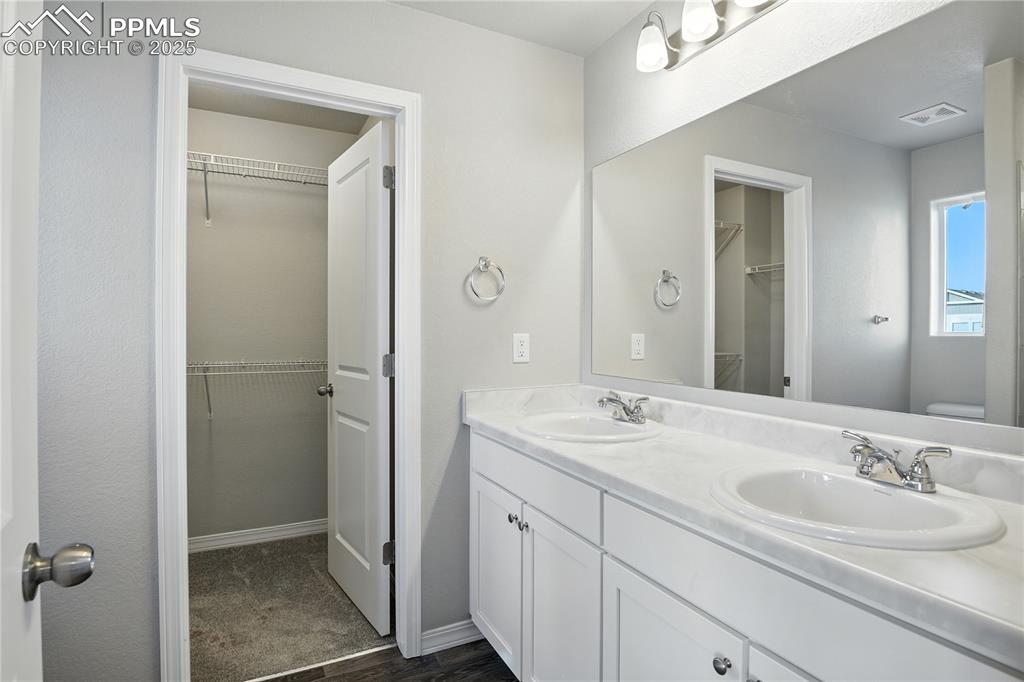 Image 24 of 28: Full bathroom featuring a spacious closet, double vanity, and dark wood-typ