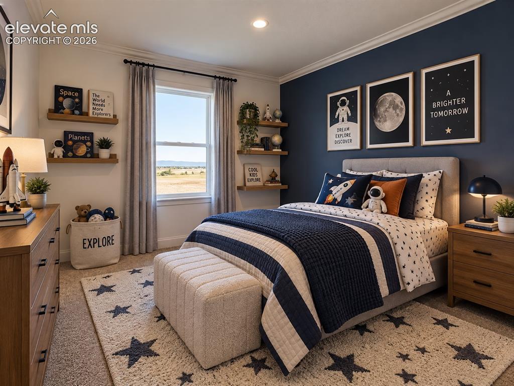 Image 17 of 34: Bedroom – Bright secondary bedroom with carpeting, recessed lighting, crown