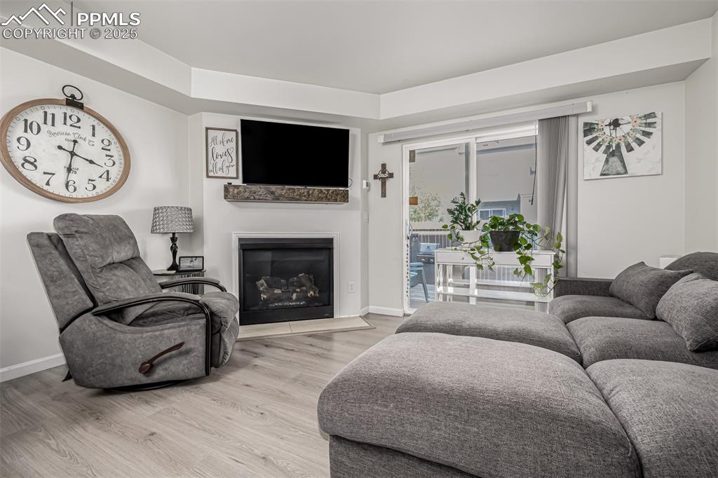 Image 16 of 47: Living area with light wood finished floors and a fireplace with flush hear