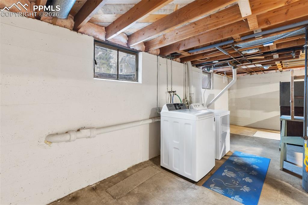 Image 34 of 49: Unfinished basement features a large area for future expansion - w/d includ
