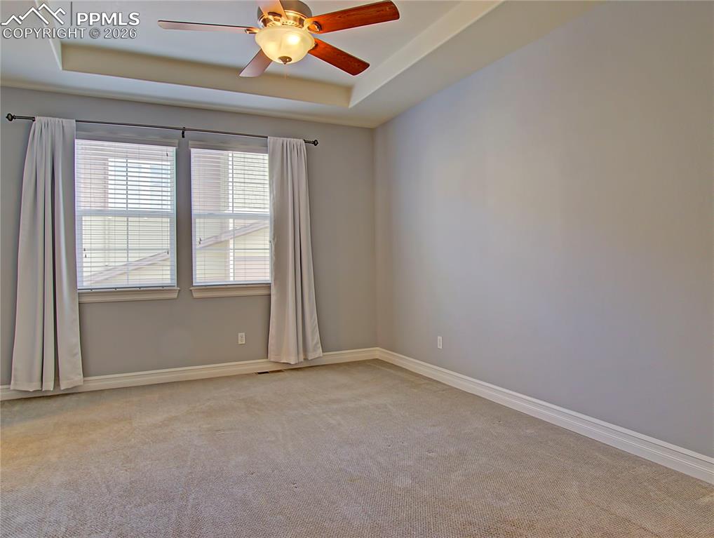 Image 15 of 27: Unfurnished room with a tray ceiling, a ceiling fan, and light colored carp