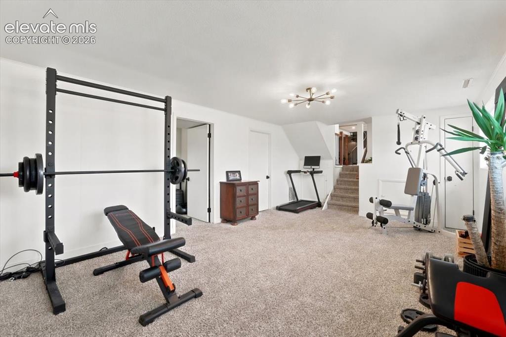 Image 32 of 45: Spacious lower-level room featuring plush carpeting, white walls, and reces