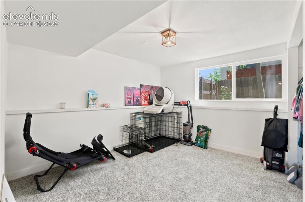 Image 35 of 45: Lower level bedroom carpet flooring, white walls, and a recessed ceiling li