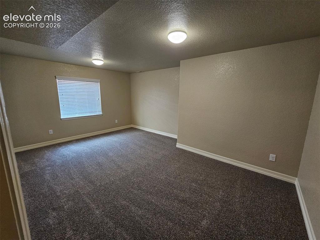 Image 30 of 31: Spacious room featuring textured walls, neutral paint, dark carpeting, and 