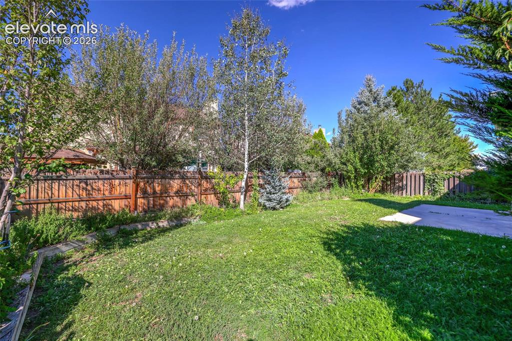 Image 43 of 50: Expansive backyard featuring a lush lawn, mature trees, wood privacy fencin